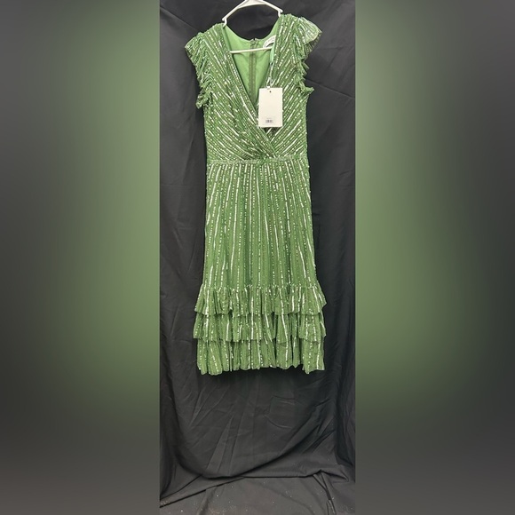 MAC DUGGAL 5585 NWT Green Sequined Wrap Over Cap Sleeve Ruffle Hem Dress - Picture 4 of 6
